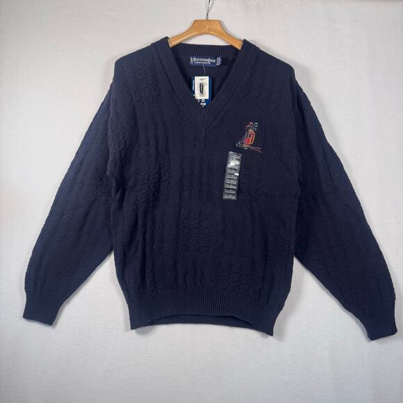 NWT Vintage Scottish Isle Made In USA Embroidered Blue Golf V Neck Sweater sz M - Picture 2 of 11